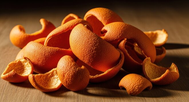 Pile of Orange Peels on a Wooden Surface.