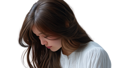 The Weight of Reflection: A woman with long brown hair, her gaze cast downwards, enveloped in a contemplative mood. She portrays quiet reflection, suggesting introspection. 