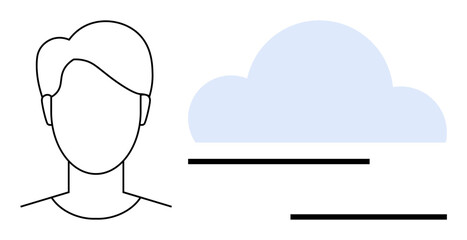 Minimalist face outline next to cloud with horizontal lines. Ideal for technology, networking, cloud storage, innovation, digital identity, connectivity, simple flat metaphor