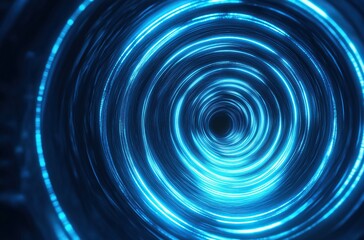 Blue light swirls in center of abstract digital tunnel creating circular lines radiating from core with dark blue background and glowing effects
