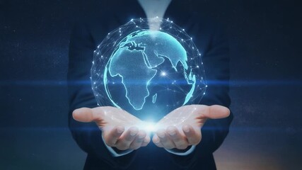 A professional figure holds a luminous digital globe with a network overlay, illustrating concepts of global business, technology, and worldwide connectivity for corporate use. - Powered by Adobe