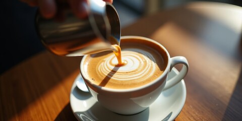 Close-up of barista pouring creamy coffee swirl into white cup on wooden table with warm natural light