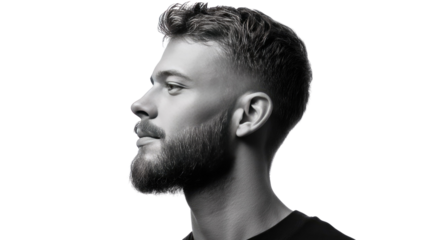 Man Profile in Black and White: A captivating monochrome portrait showcases a man in profile, his strong facial features enhanced by the play of light and shadow.