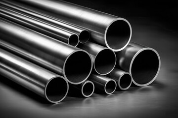 Steel pipes on dark background with space for text or design metal tubes in black and grey tones pile of stainless-steel pipes