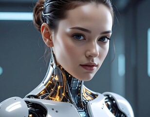 Close-up of a woman with cybernetic enhancements, hair up, gazing at the viewer against a futuristic background