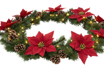 a luxurious, dark green christmas garland with deep crimson velvet poinsettias, frosted pinecones, and glowing warm led lights on a white studio background. concept of festive holiday elegance