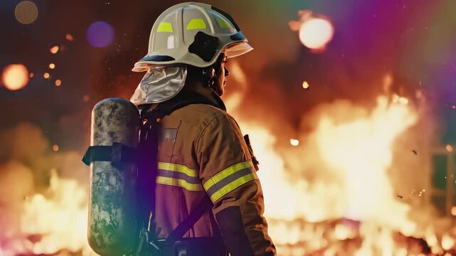 Firefighter in protective gear with oxygen tank facing intense flames and sparks. Emergency response professional during fire suppression operation. Rescue scene with helmet and uniform. Heroic first