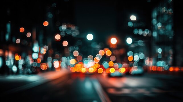 electic. Abstract urban nightscape with glowing city lights and bokeh, blending cool tones and warm highlights. travel magazines.