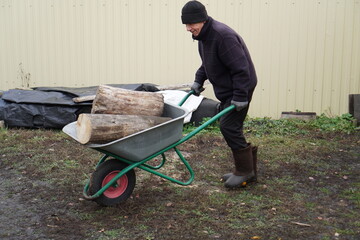 Senior man doing yard work, pushing a wheelbarrow loaded with firewood logs.