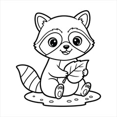 A Small raccoon holding a leaf black line art, white background