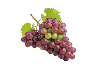 Fototapeta premium Bunch of red grapes with green leaves sitting on a white surface, showcasing their vibrant colors and fresh appearance, perfect for healthy eating concepts.
