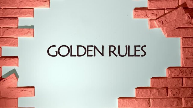 Conceptual golden rule symbol. Animation of the GOLDEN RULES concept words on a white wall