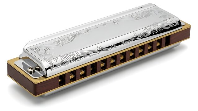 Exquisitely detailed harmonica with ornate silver cover plates for melodic musical performance