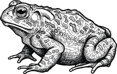Black and White Detailed Hand-Drawn Sketch of a Common Toad or Frog, Side View, Representing Amphibians, Nature, Swamp Life, Biology, and Environment Vector Illustration Content