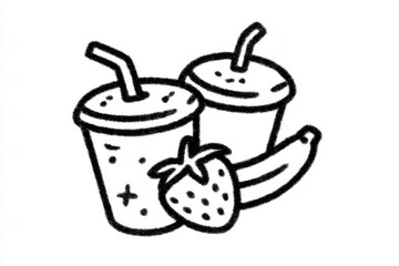 Hand-drawn smoothie icon, in textured black and white, representing a healthy takeaway shake with banana and strawberry