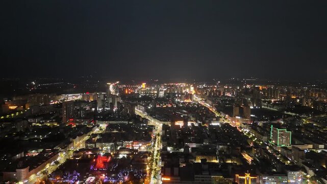 Zhangye City Nightscape - Aerial View of Gansu Urban Lights