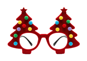 macro shot of plush, deep red velvet novelty eyeglasses shaped like christmas trees, decorated with multi-colored pom-poms and glossy red stars, isolated on a reflective white background. festive