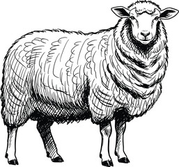 Black and White Detailed Hand-Drawn Sketch of a Standing Domestic Sheep, Front-Side View, Representing Wool, Farm Animals, Livestock, Agriculture, and Nature Vector Illustration Content © Dilip