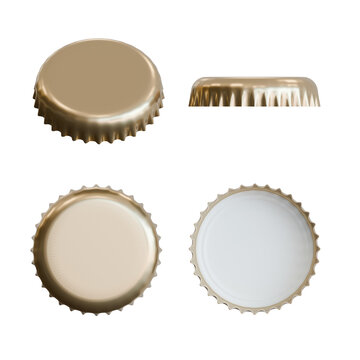 Set of gold bottle caps shown from top, side, and bottom views. Metallic crown caps ideal for packaging, beverage branding, product design, and advertising visuals.