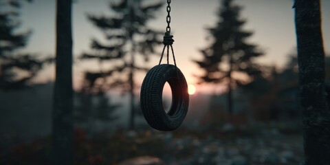 Tire hanging from tree in forest at sunset