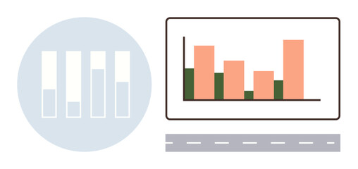 Fototapeta premium Bar chart comparing data trends, circle with segmented bars, and road element signify analytics, progress, strategy, business, decision-making, planning and vision. Ideal for simple flat metaphor