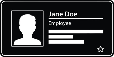 Black and White Monochrome Employee Identity Card Icon with Jane Doe Details: Corporate ID Badge, User Profile Avatar, Access Control Pass, or Priority Member Sign Template Vector.