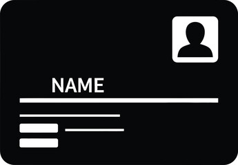 Black and White Monochrome Employee Identity Card Icon: Simple Horizontal Corporate ID Badge, User Profile Avatar, Name/Data Fields, and Access Control Pass Template Vector Graphic.