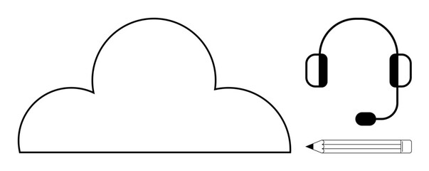Minimal cloud icon, headset, and pencil symbolizing virtual tools, communication, and creativity. Ideal for technology, remote work, online learning, collaboration support brainstorming digital