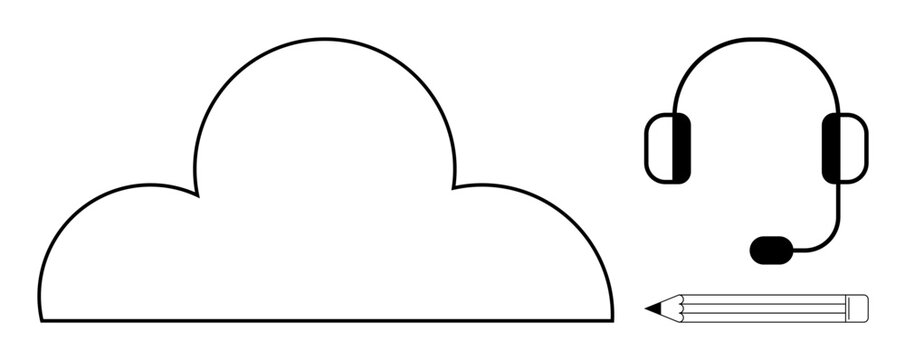 Minimal cloud icon, headset, and pencil symbolizing virtual tools, communication, and creativity. Ideal for technology, remote work, online learning, collaboration support brainstorming digital - Powered by Adobe