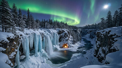 Magical Winter Night with Northern Lights and Full Moon over Frozen Waterfall and Glowing Cave