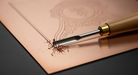 Naklejka premium Close-up of a tool carving into a copper plate.