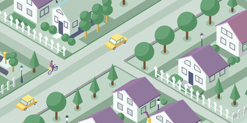 Isometric neighborhood illustration with houses trees cars and a cyclist