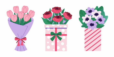 Three floral arrangements in different containers on a white background