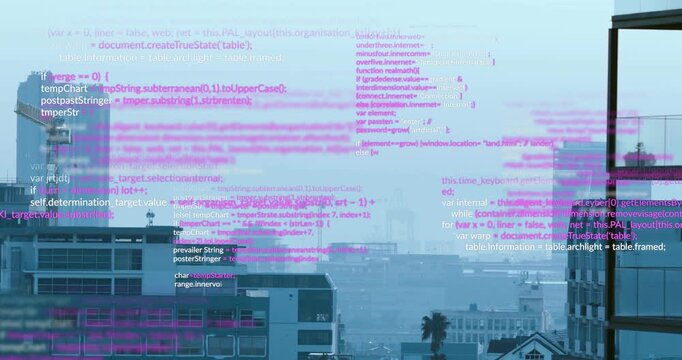 Hazy skyline showing magenta edge shapes sparking code overlays drifting over roofs for data view