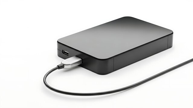 Contemporary external hard drive connected with a USB cable, providing reliable data backup and portable storage solutions