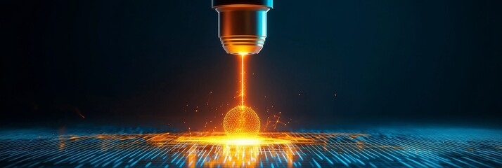 magnifying glass focus microscope concept Laser cutting technology in action, sparks flying.