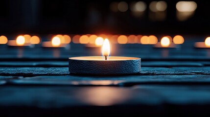 Close-up of a burning candle on a dark blue surface, with other candles blurred in the background, creating a moody atmosphere.