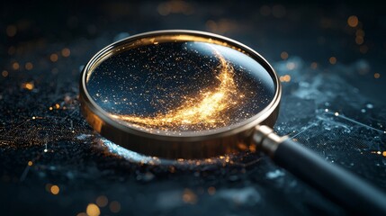 magnifying glass focus microscope concept Magnifying glass reflecting shimmering particles on a dark surface.
