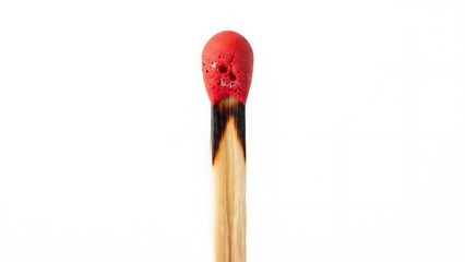 A striking conceptual image of a single burnt matchstick with a spooky skull face carved on its red tip