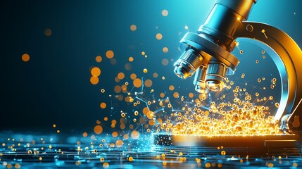 magnifying glass focus microscope concept Microscope with glowing particles on a blue background.