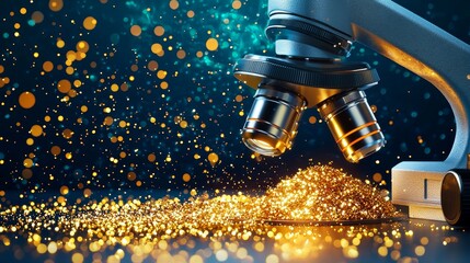 magnifying glass focus microscope concept Microscope with shimmering particles in a vibrant backdrop.