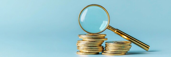 magnifying glass focus microscope concept Magnifying glass over a stack of coins on a blue background.