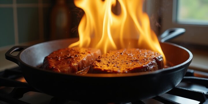 Close-up of homemade flamb&eacute; steak in cast iron skillet with vibrant flames and searing action
