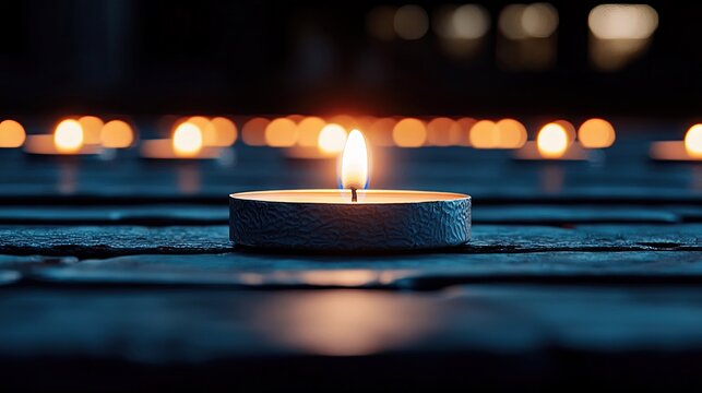 Close-up of a burning candle on a dark blue surface, with other candles blurred in the background, creating a moody atmosphere. - Powered by Adobe