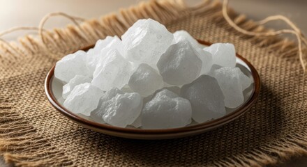 Rock sugar crystals on a plate with burlap background.