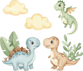 Obraz premium Adorable watercolor baby dinosaurs, dragon, and clouds set cute