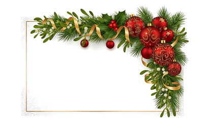 Festive Christmas greenery border with red berries and pine cones on white background, decorative holiday frame design for greeting cards, invitations and winter themes