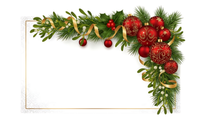 Festive Christmas greenery border with red berries and pine cones on white background, decorative holiday frame design for greeting cards, invitations and winter themes