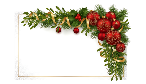 Festive Christmas greenery border with red berries and pine cones on white background, decorative holiday frame design for greeting cards, invitations and winter themes