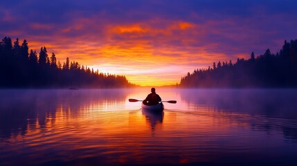 A person paddles a canoe on a calm lake at sunrise. The sky is filled with vibrant colors, and the silhouette of trees lines the shore.